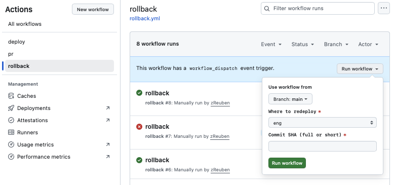 GitHub Actions rollback workflow UI
